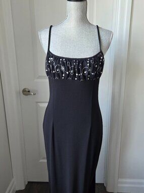 Vtg black gown beaded shear overlay bodice sequins size large